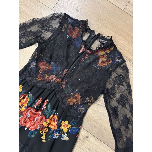 TopShop Black Lace Midi Dress 2 Floral Sheer Women’s Boho Whimsical feminine - Picture 5 of 7